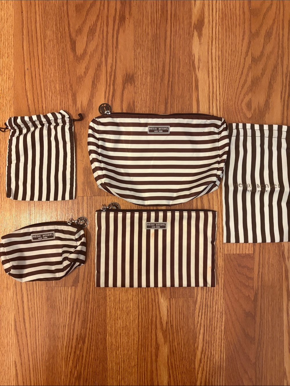 henri bendel Brown and White Striped Toiletry Pouch Set - 5 Bags